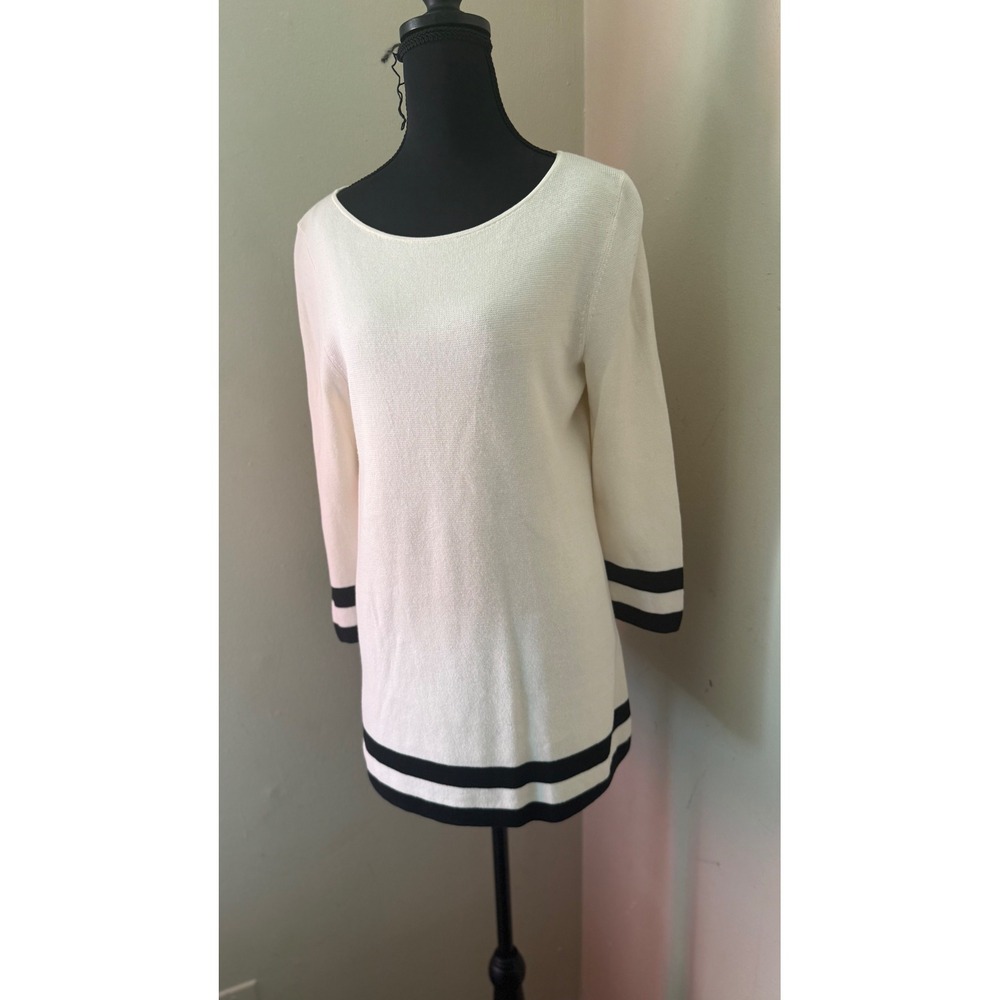 Talbots Womens Tunic Top Sweater Cotton Blend Cream Black Striped 3/4 Sleeve